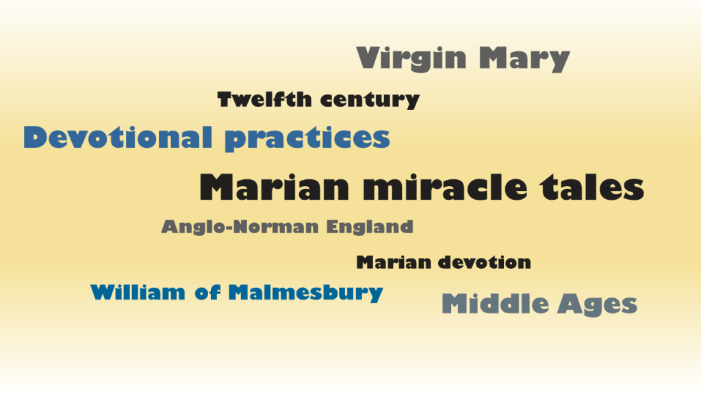 Wordcloud of words: Virgin Mary, Middle Ages, Twelfth century, Marian devotion, Devotional practices, Marian miracle tales, William of Malmesbury, Anglo-Norman England.